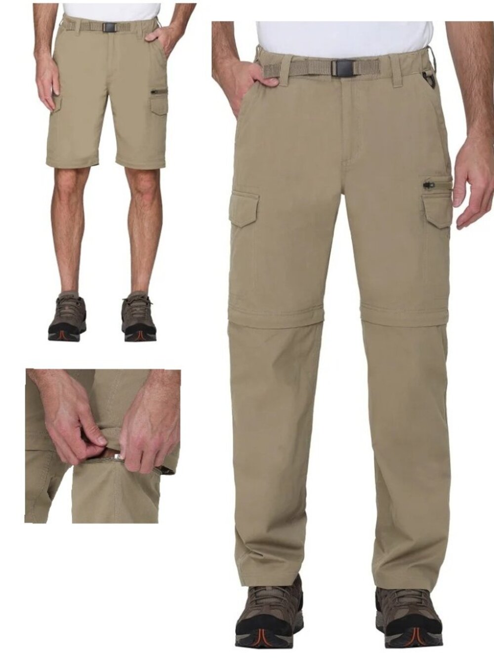 Mens L x 30 BC Clothing Convertible Cargo Stretch Pant Tan Zip Off Hiking